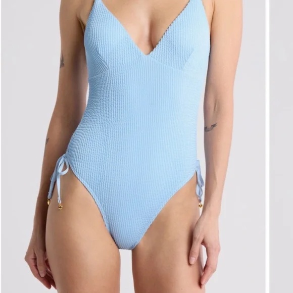 NWT Betsey Johnson Sky Blue V-Neck One-Piece Swimsuit - Picture 1 of 3